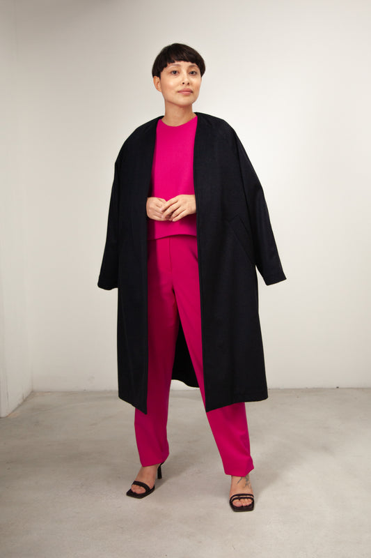 GI10 - Navy Blue Cashmere Overcoat Without Collar