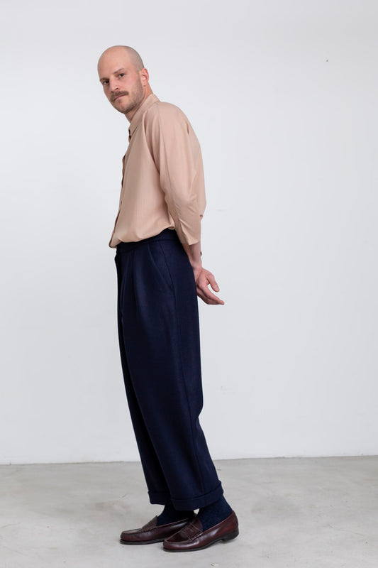 PA06 - Navy Blue Wool High-Waisted Trousers