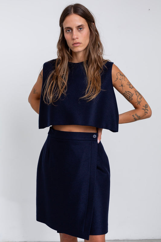 GO03 - Navy Blue Wool Wrap Skirt