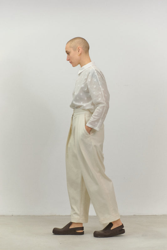 PA06 - White Gabardine Cotton High-Waisted Trousers