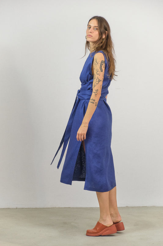 AB06 - Blue Linen Sleek Straight-Line Dress