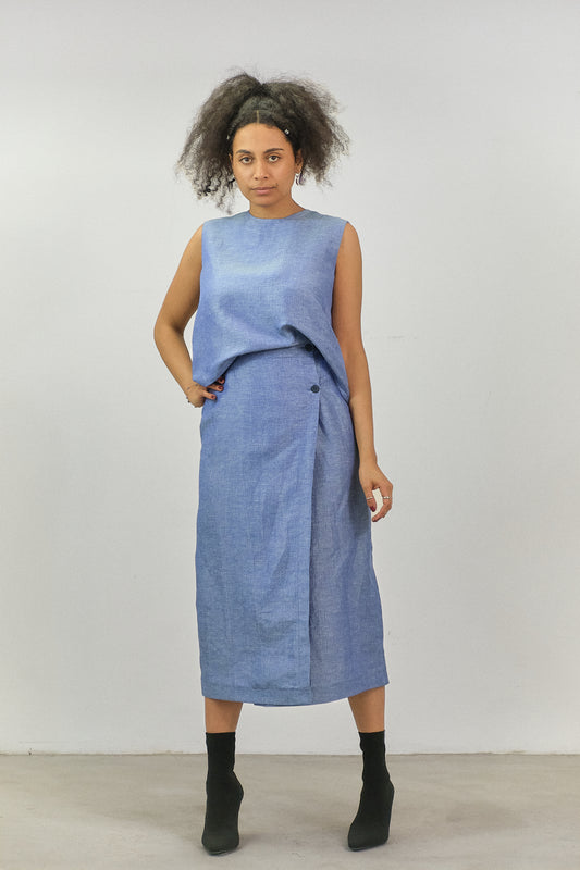 GO03 - Melange Blue Linen Wrap Skirt