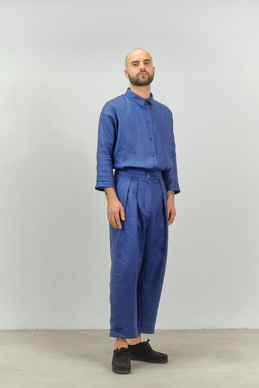 PA06 - Blue High-Waisted Linen Trousers