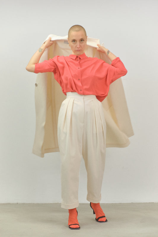 PA06 - White Gabardine Cotton High-Waisted Trousers