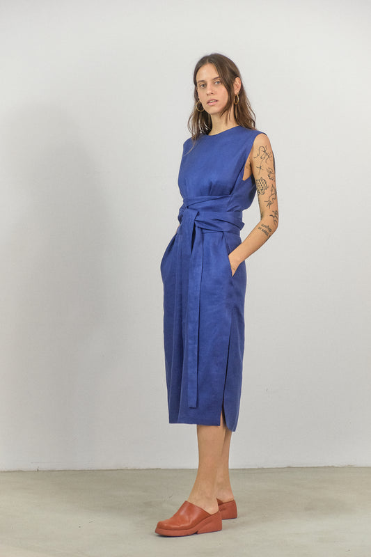 AB06 - Blue Linen Sleek Straight-Line Dress