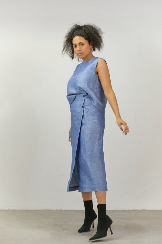 GO03 - Melange Blue Linen Wrap Skirt